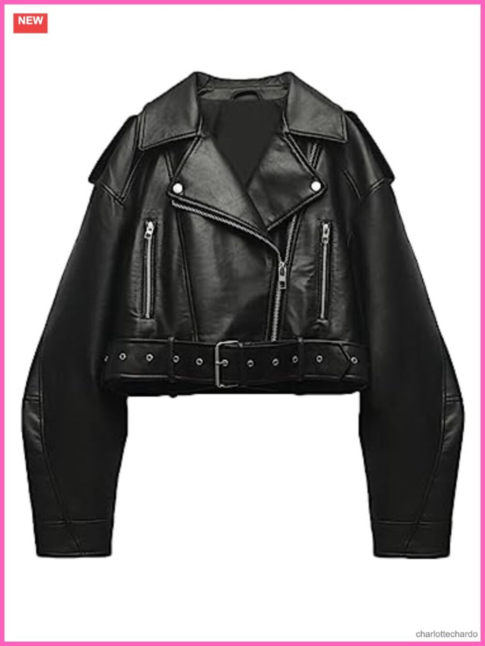 Faux Leather Cropped Biker Jacket with Belt Zipper Closure